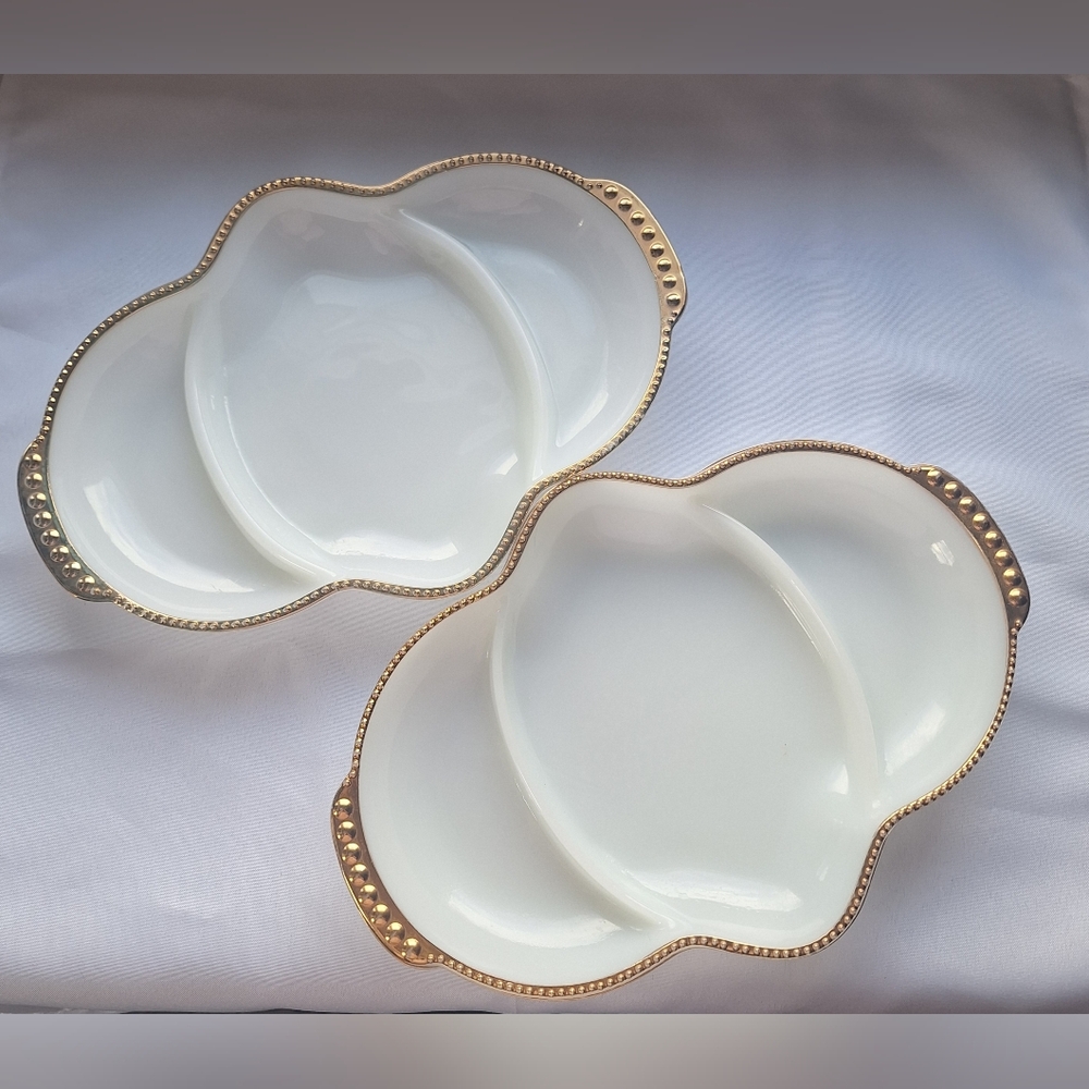 Lg Fire King Milk Glass Divided Serving Dish Tray Pair Gold Trim Anchor Hocking